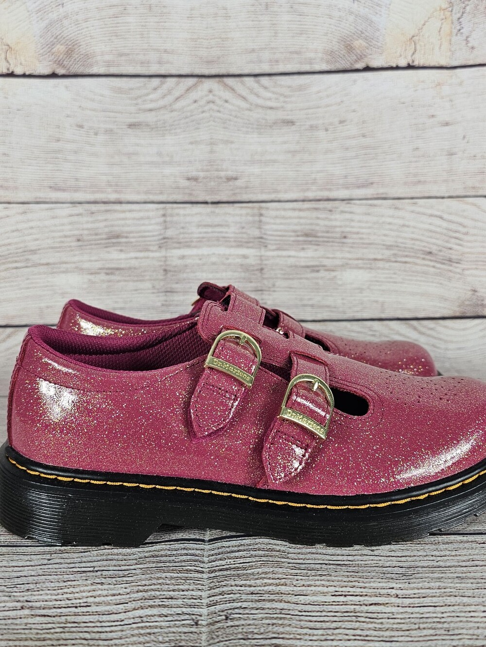 Dr. Martens 8065 Y Pink Glitter Mary Jane Double Buckle T-Strap Shoes Womens 7